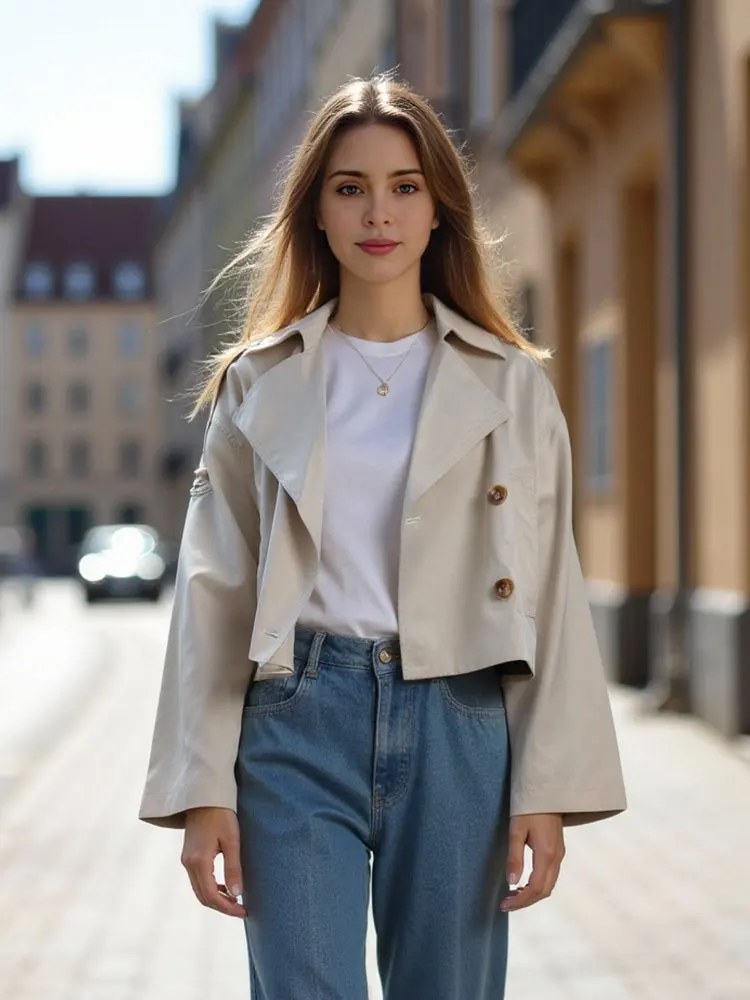 HH Women Fashion Cropped Trench Coat Solid Double Breasted Long Sleeve Windbreaker Jacket High Street Lady Outerwear Top