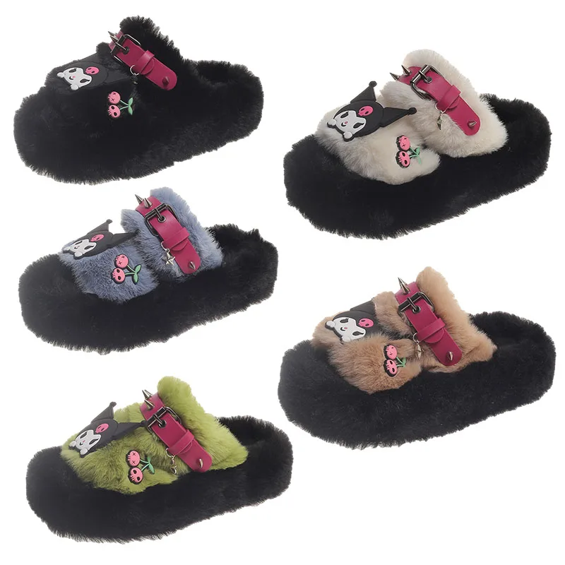 

Kawaii Anime Rivet Kuromi Furry Flip-Flops for Winter Wear At Home To Keep Warm Cute Cotton Slippers with Thick Soles for Girls