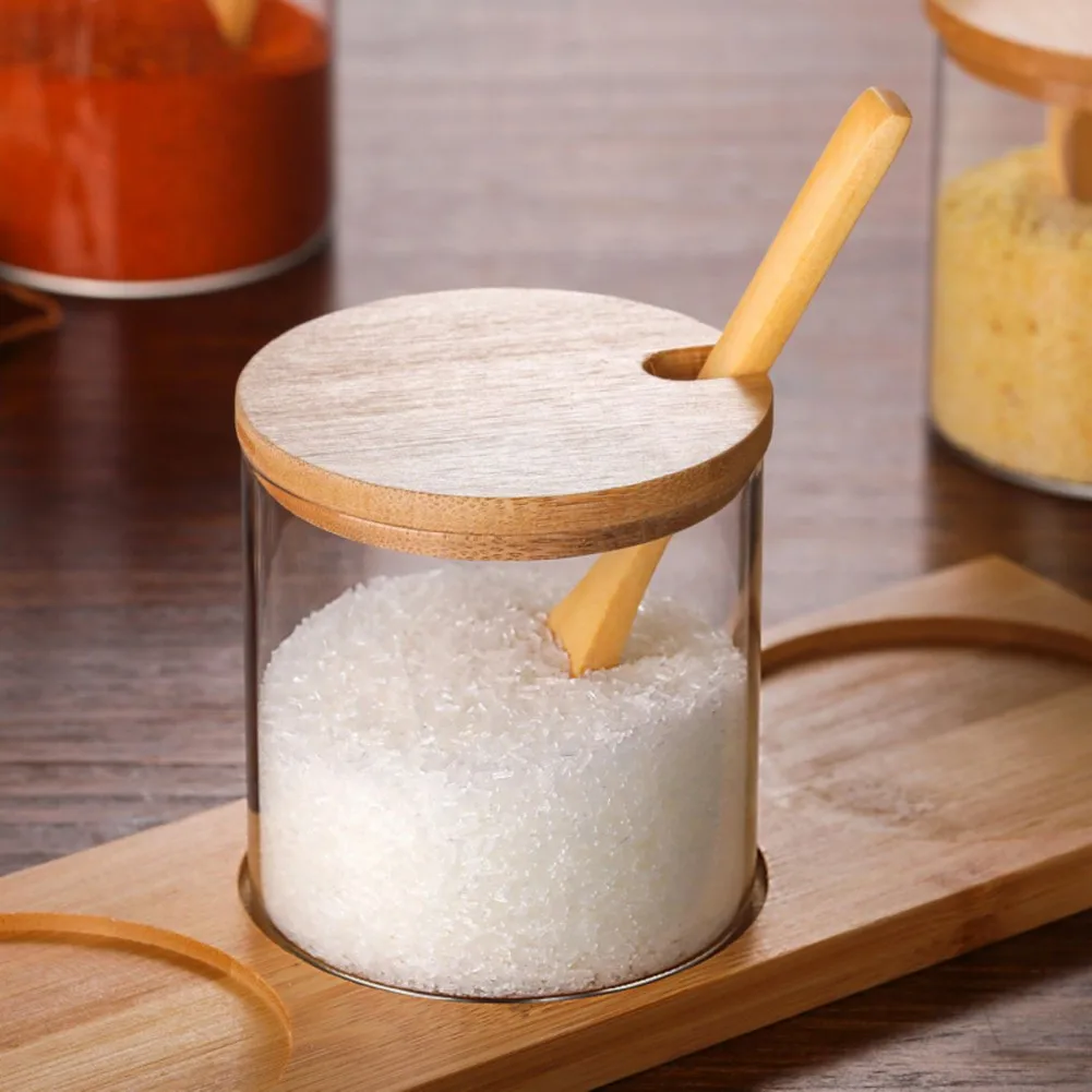 Glass Seasoning Storage Jars Bamboo Lid And Spoon Kitchen Spice Box Seasoning Container Sugar Salt Pepper Jar