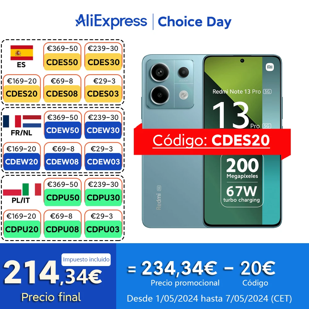 [20€ dto. Código: CDES20] Xiaomi Redmi Note 13 Pro 5G Smartphone, Snapdragon 7S Gen 2, Pantalla AMOLED de 6,67 pulgadas y 120Hz, Cámara triple de 200MP, Carga rápida de 67W