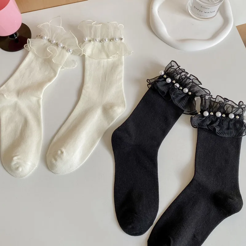 Wpmem's Sommer Frühling Baumwolle Französisch Süßer Stil JK Spitze Midtube Socken Organza Mode Holz Ohrflor Flor Socken Perlenstrümpfe – Detail 6