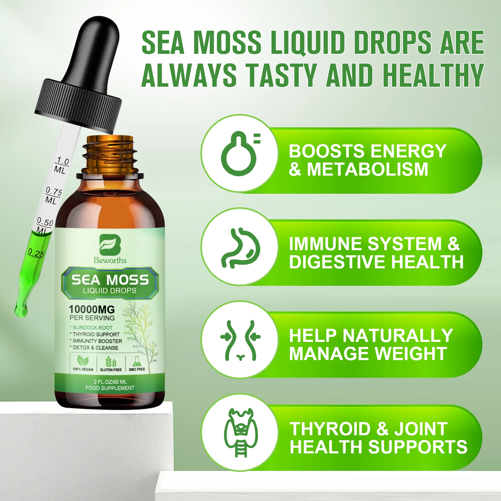 BEWORTHS Organic Seamoss Drops with Burdock Root and Spirulina Support Immunity and Gut Health, Help Digestion Weight Management - Image 4