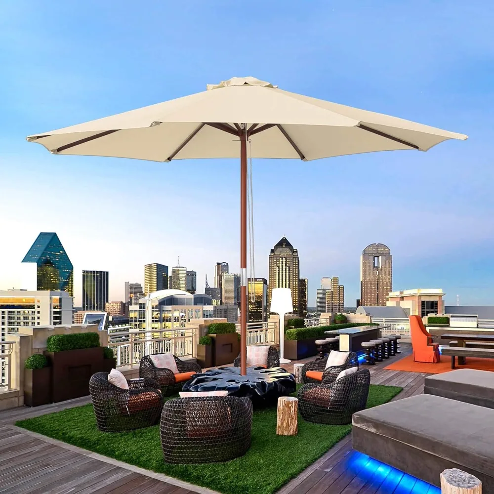 Yescom Wooden Outdoor Patio Umbrella Market Garden Yard Beach Deck Cafe Sunshade Umbrella Beach