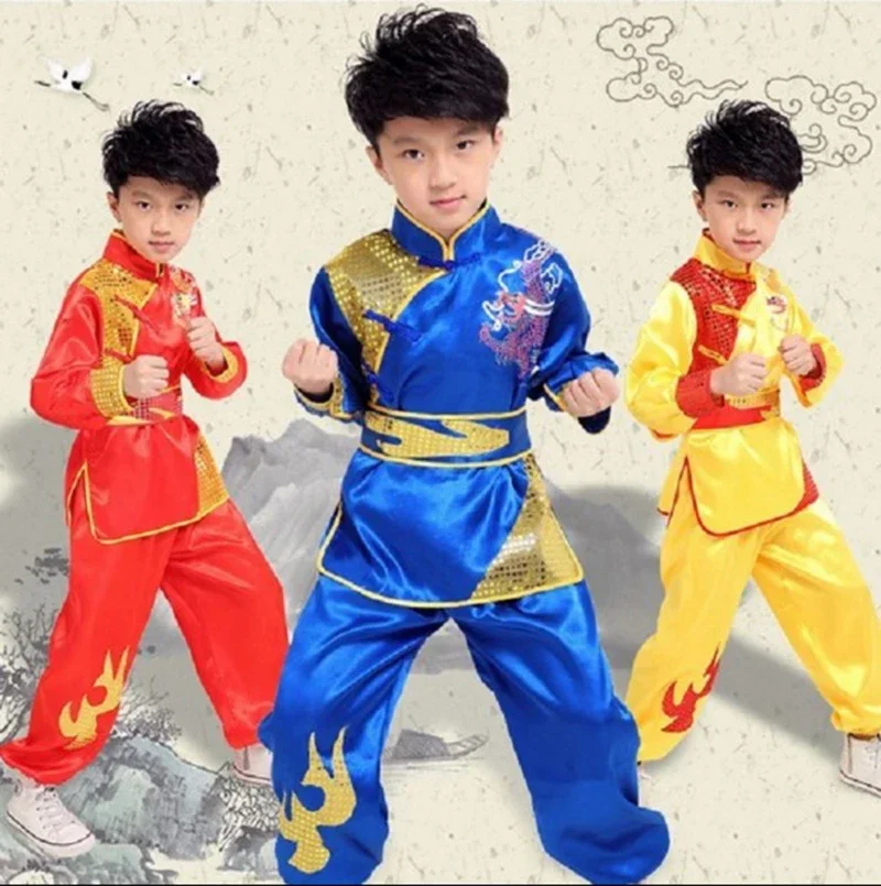 

Костюм китайский для мальчиков и девочек, традиционная Униформа кунг-фу красного цвета, танцевальный комплект для выступлений
