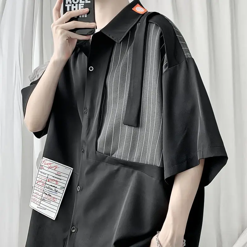 EBAIHUI Patchwork Stripe Design Men's Shirt Summer Thin Short Sleeved Casual Blouse Retro Korean Solid Color Loose Collar Blusas