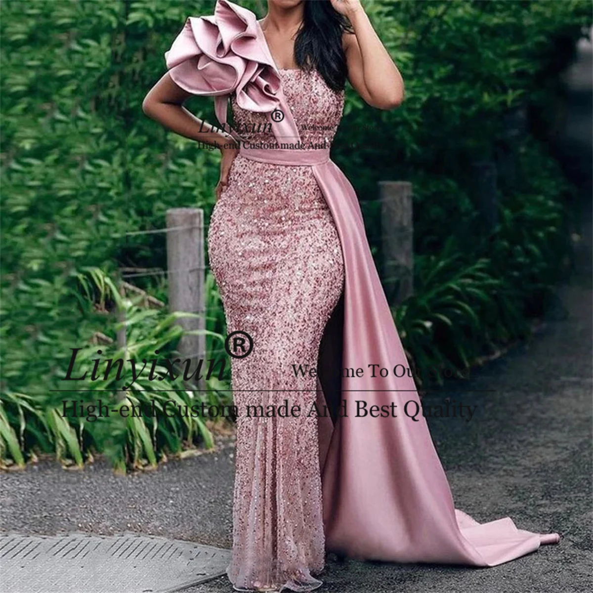 

Элегантное платье с одним плечом и блестками, платье для выпускного вечера Aso Ebi, африканские блестящие женские вечерние платья, вечернее платье со съемным шлейфом