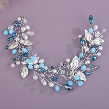 Trendy Pearl Crystal Bridal Headband Silver Black Rhinestone Wedding Hair Accessories Blue Bride Jewelry Red Women Hair Piece