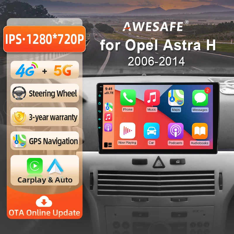 AWESAFE Radio Android de 9 pulgadas para Opel Astra H Zafira B 2004 2005 2006 - 2014, CarPlay inalámbrico y Android Auto, navegación GPS, soporte multimedia, control del volante, amplificador de subwoofer, cámara trasera con CAN-BUS EU Plug and Play DAB+ Autoradio digital 2 DIN BT 1
