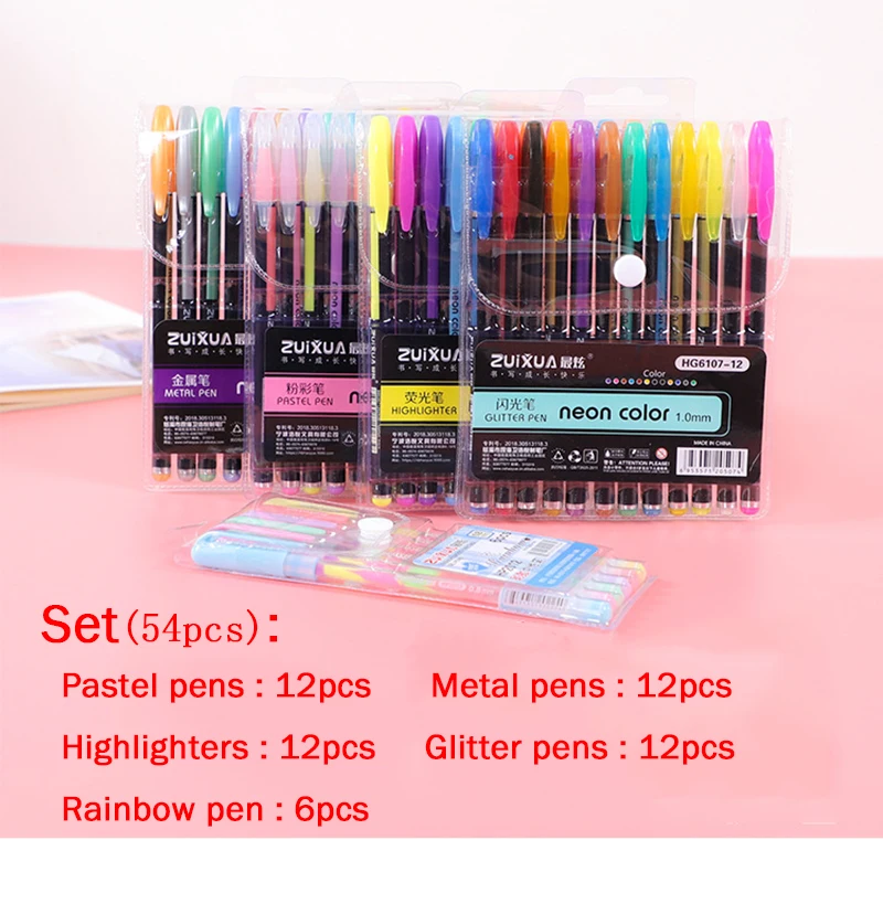 

54Pcs/set Metallic Glitter Colors Gel Pens For School Office Adult Coloring Book Journals Drawing Art Markers Promotion Pen