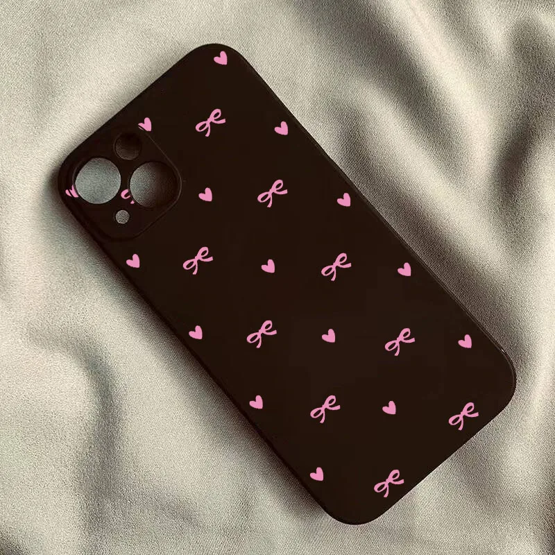 Korean Cute Pink Bow Love Heart Soft Silicone Square Phone Case