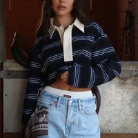 Vintage Lapel Collar Shirt Pullover Tops Tees Women Striped Rugby Polo T-shirt Y2k Long Sleeve Sweatshirt Preppy Sweatshirt - Image 3