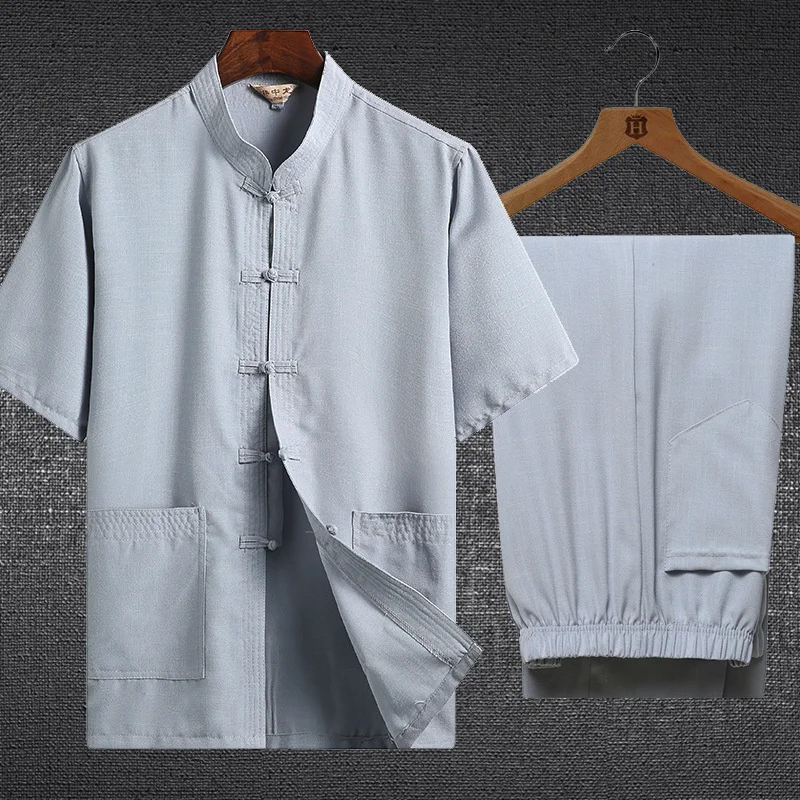 Chinese Men Hanfu Top Chinese Tang Suit Short-Sleeved Suit Men's Hanfu Kung Fu Shirt Tai Chi Solid Color Cotton Linen Layman's Clothing Summer Linen
