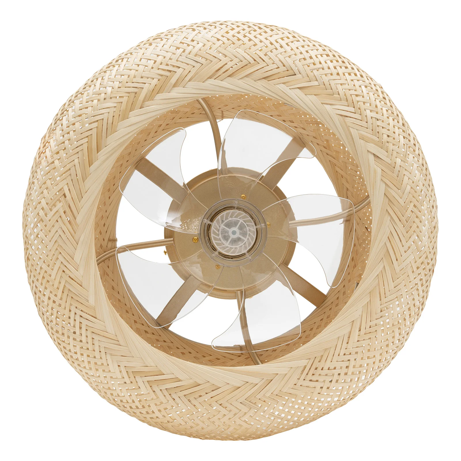 20Inch Countryside Woven Rattan Cage Ceiling Fan Light, 4*E26 Farmhouse Low Profile Ceiling Fan Light with Remote Control