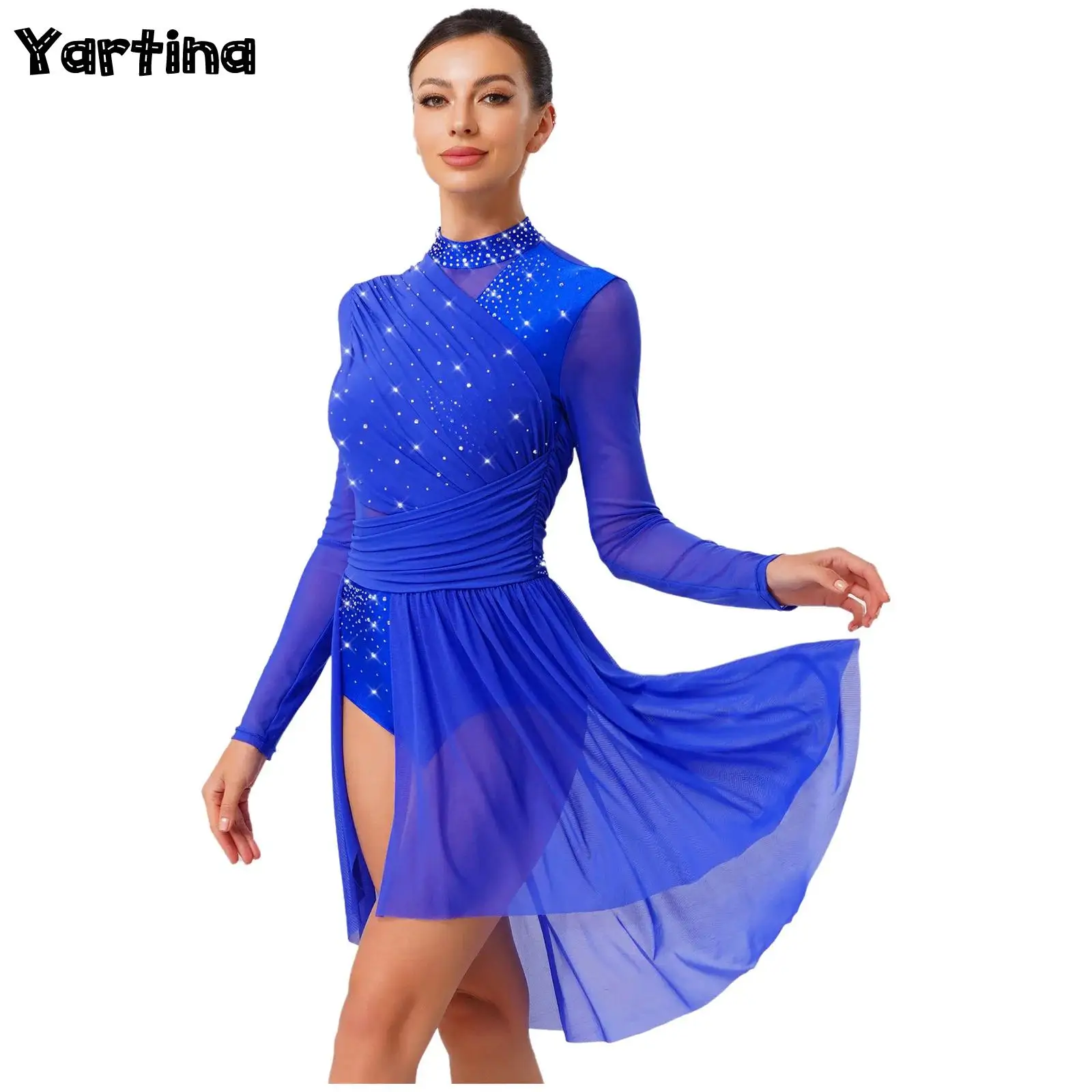 Women Gymnastics Figure Skating Ballet Lyrical Dance Performance Costume Rhinestone Contemporary Classical Dance Leotard Dress