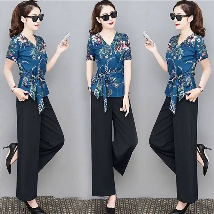 stylish pant suits Summer Suit Women Women's 2 Piece Set Print Pullover Top & Solid Wide Leg Pants Female Pantsuits Office Lady Oversize Outfits plus size suit sets Suits & Blazers