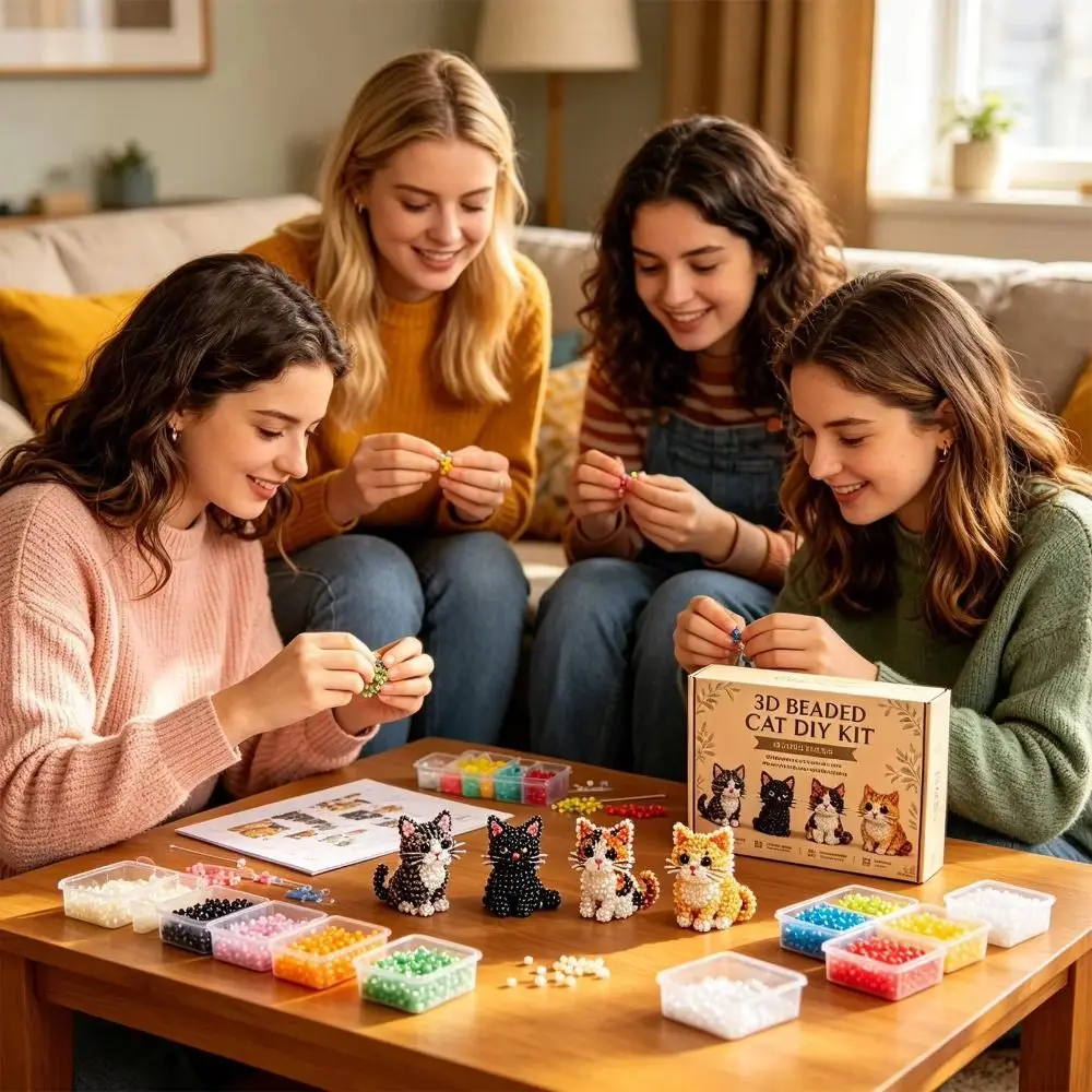 Kit Fai-da-Te per Ricamo con Perline a Tema Animale, Set Artistico Colorato per Mini Lavorazioni con Perline, Kit Educativo 3D per Creazione Portachiavi a Forma di Gatto - immagine 4