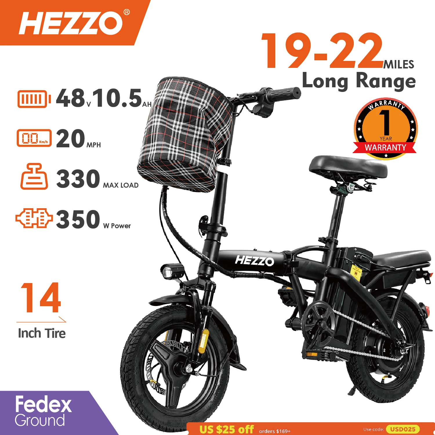 Hezzo Bicycle Foldable Electric Bike electric bike electric bicycle W/ Seat & Basket 14'' 48V 10.4Ah 350W Motor 22Miles Range 20 MPH Top Speed Ebike for Adults