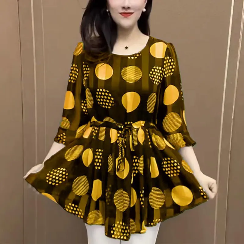 

Commute Fashion Polka Dot Shirt Spring Summer Thin Drawstring Waist Women's Clothing 3/4 Sleeve Casual Round Neck Loose Blouse