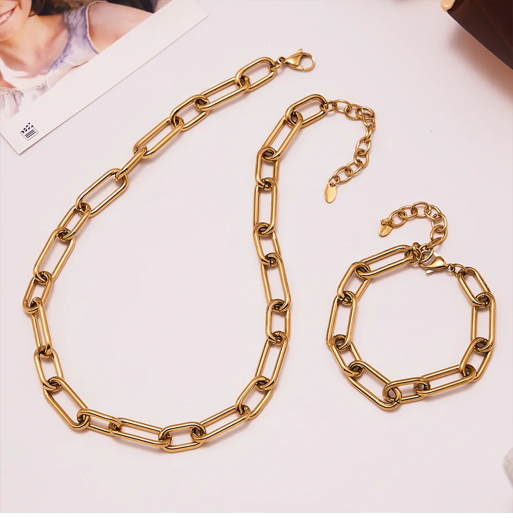 Edelstahl vergoldet klobige Kette Halskette für Frauen Goldene Silber kein Verblassen wasserdichtes Armband Femme Modeschmuck-Set – Detail 10