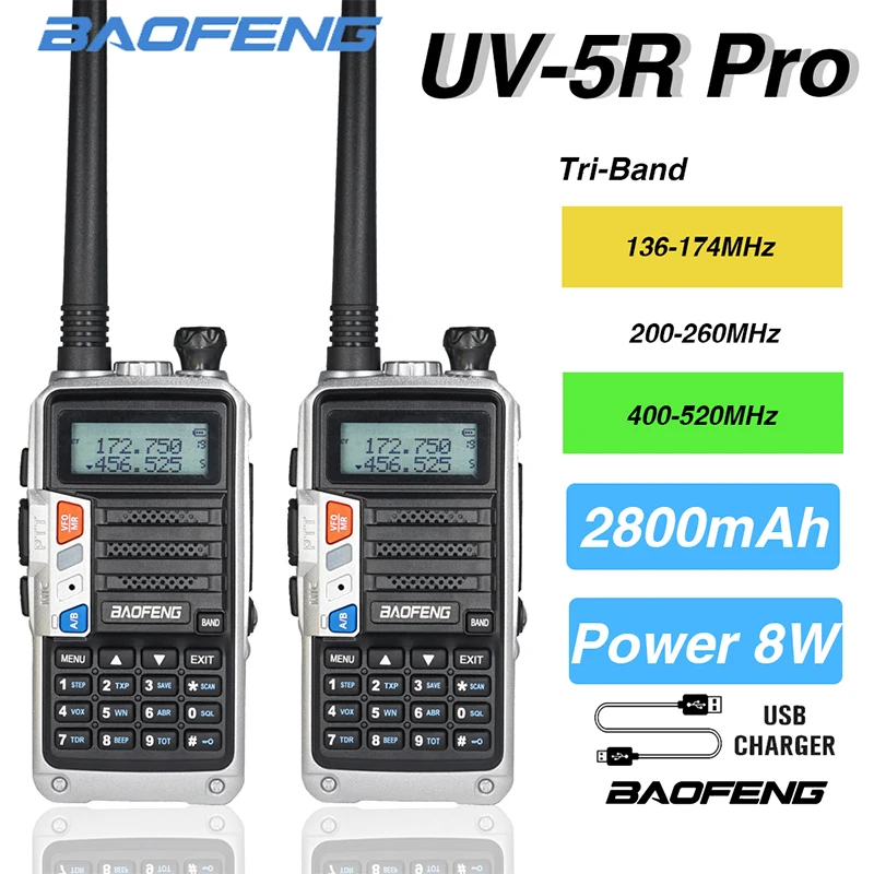 

2Pcs Baofeng Walkie Talkie UV-5R Pro Real 8W Professional Tri Band Two Way Radi USB Fast Charge Amateur CB Long Range Ham Radio