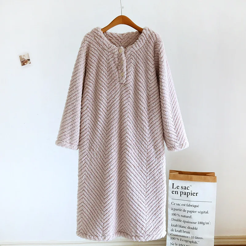 Winter Women Coral Fleece Nightgown Thicken Warm Soft Solid Pullover Pajamas Female Home Long Bathrobe Loose Oversized Sleepwear
