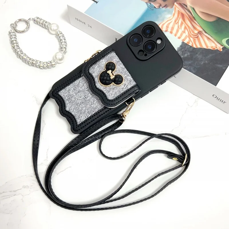 Chic Crossbody Leather Wallet Case with Lanyard Strap and Cute Cartoon Design