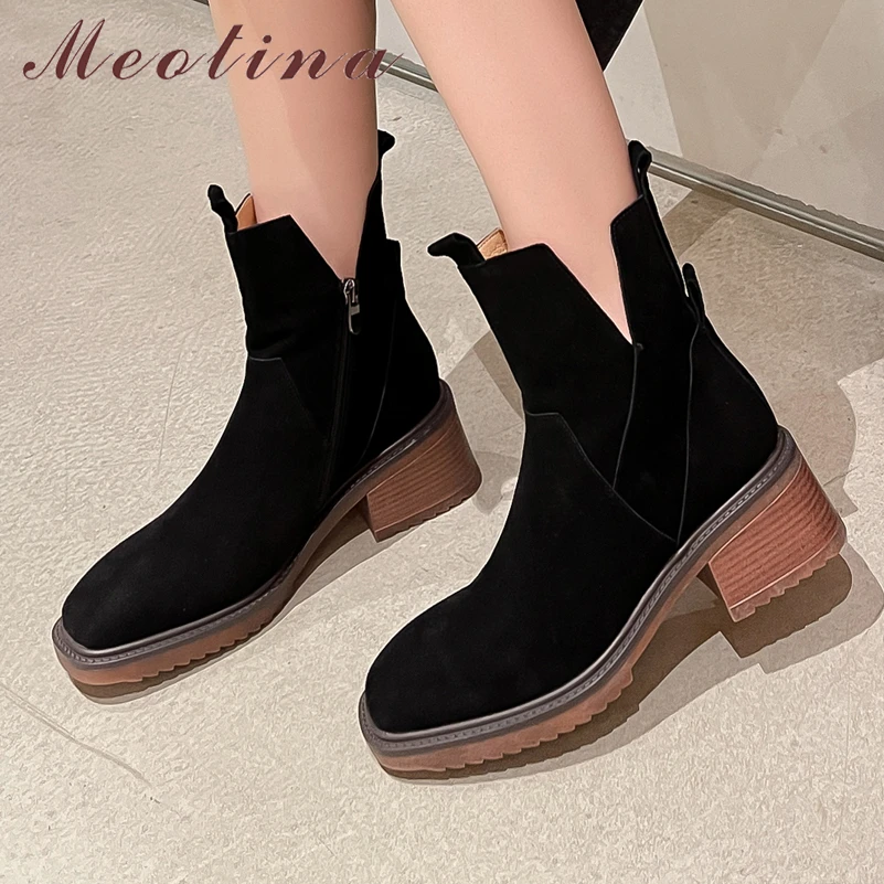 

Женские ботильоны из натуральной кожи Meotina, ботинки на платформе и толстом высоком каблуке, на молнии, с квадратным носком, Осень-зима, 40