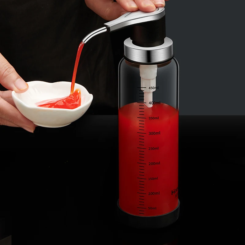 Condiment Squeeze Bottle 1pc Syrup Ketchup Vinegar Glass Sauce Press Bottle Pressure Nozzle Oyster Sauce Push Pump