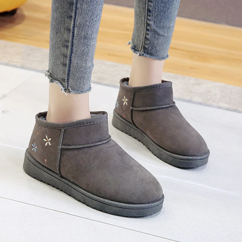 Shoes for Women 2023 Hot Sale Winter Plush Warm Slip on Mid-Calf Women's Boots Solid Color Round Toe Flock Low-heeled Snow Boots