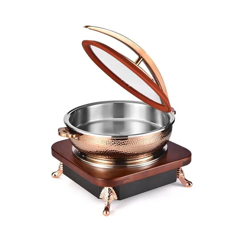 

Banquet Elegant hammered copper glass lid table top buffet chafing dish food warmer with wooden base