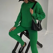 

Woman Two Pieces Set Autumn Winter Knitted Pants Suit Casual Long Sleeve Turtleneck Sweater Skinny Pants Tracksuit