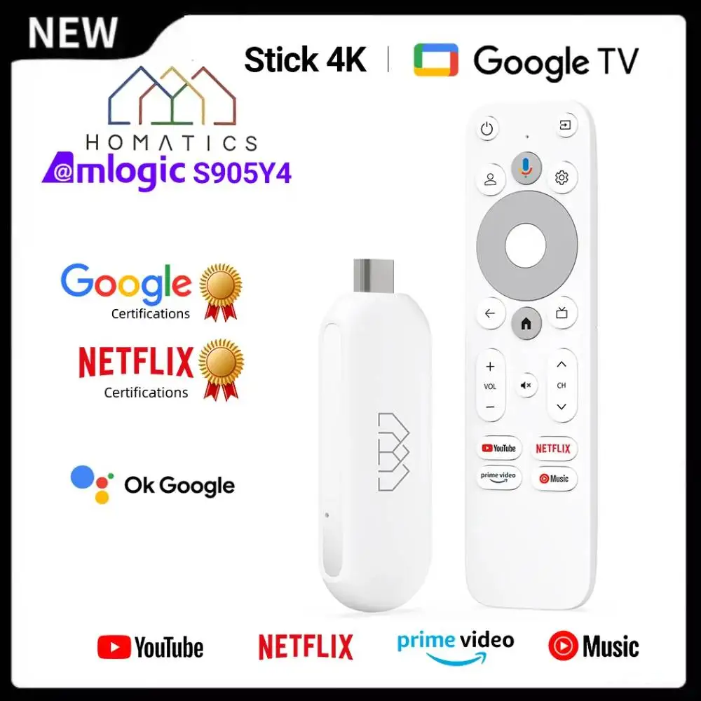 

HOMATICS 4K TV Stick Netflix Google Certified Amlogic S905Y4 Google TV 11.0 Box H.265 2T2R Wifi Support Dolby Atmos AV1 2GB 32GB