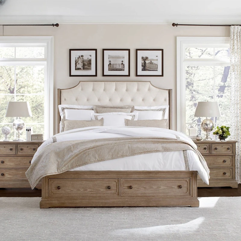 

Custom-made American country solid wood oak double bed 1.8m bedroom wedding bed French retro old 1.5 Princess storage bed