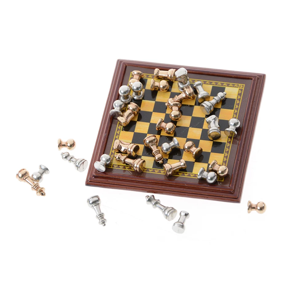 Casa delle Bambole 1/12 Miniatura Metallo Scacchi Argento e Oro e Gioco da Tavol