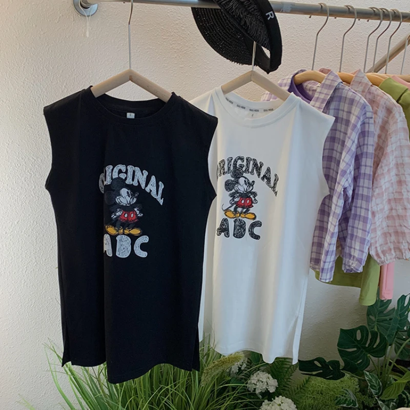 

Летняя юбка для девочек, новинка, Детская футболка без рукавов в Корейском стиле с мультяшным рисунком, длинная юбка, Детская Повседневная футболка