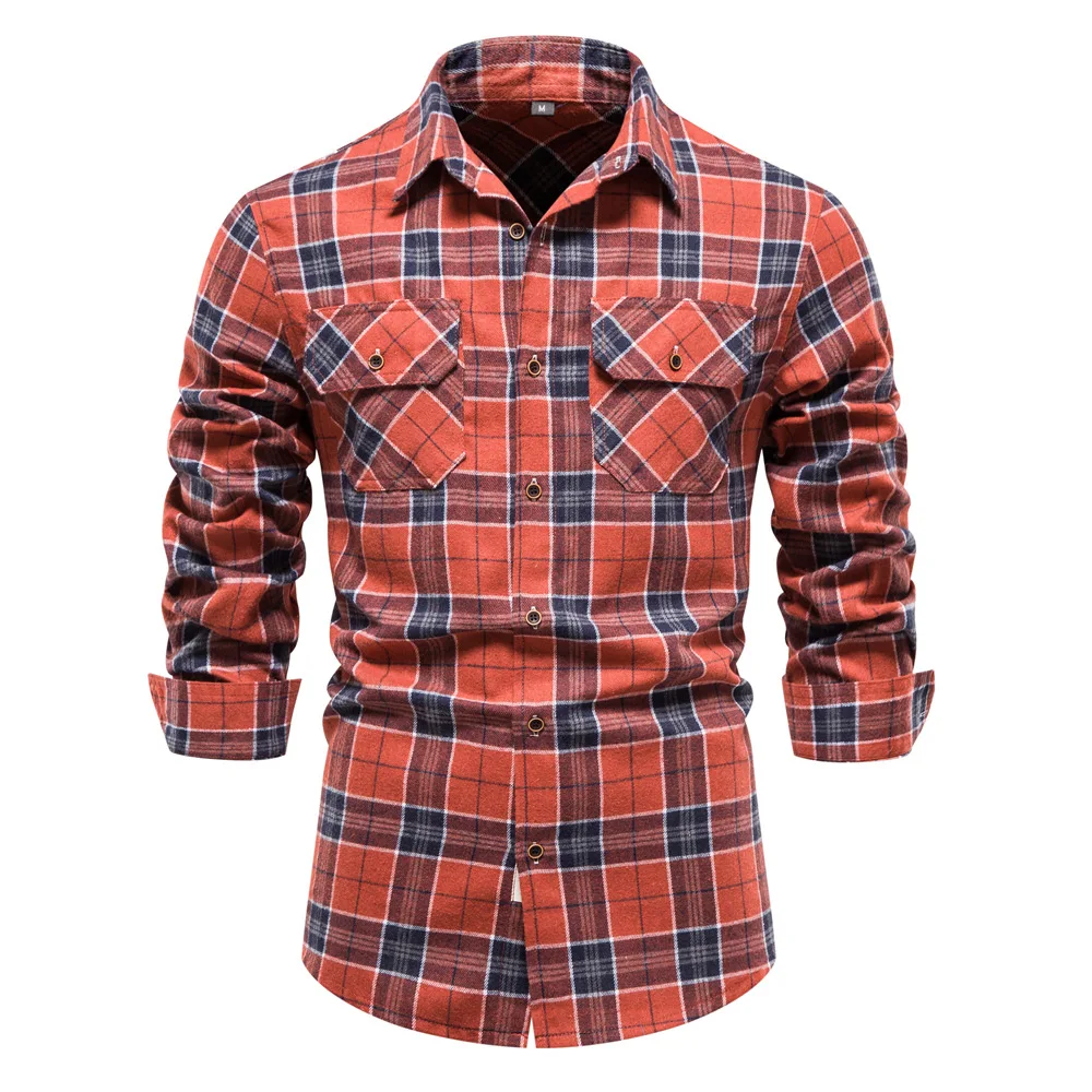 Autumn Men's Causal Flannel Plaid Shirt Long Sleeve Double Pocket Design Fashion Shirts for Men Social Business Men Clothing Top hooded flannel plaid letter patched pocket shirt xxl night