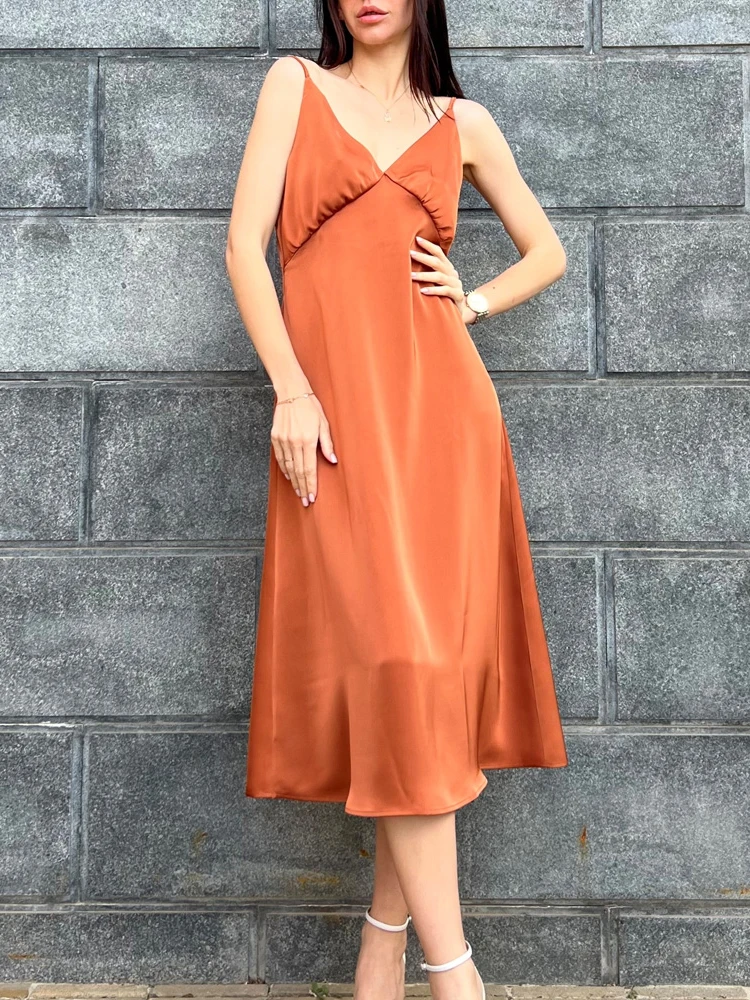 

Sexy Slim Satin Deep V-neck Dresses for Women 2024 Summer Backless Spaghetti Strap Dress Beautiful Elegant Women's Party Dresses
