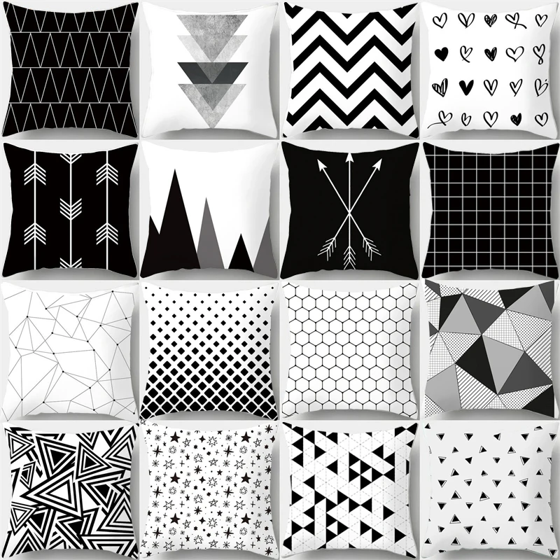 

45x45cm Black and White Pillow Cases Heart Stripe Polyester Throw Cushion Cover Round Square Pillowcase Sofa Home Decoration