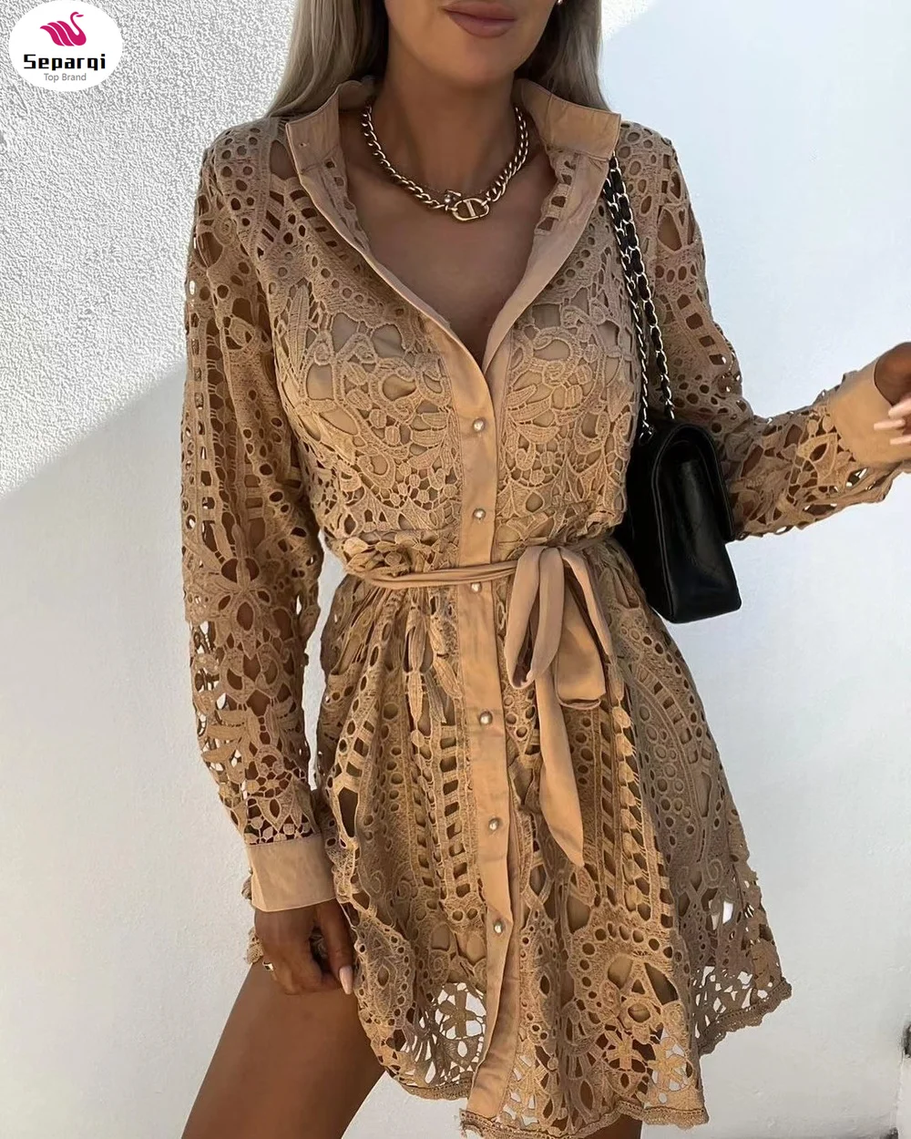 

Sexy Women Lace Hollow Out Shirt Dress Of Femmer Turn-down Collar Soid Party Dress Vintage Office Lady Ruffle Beach Dresses Robe