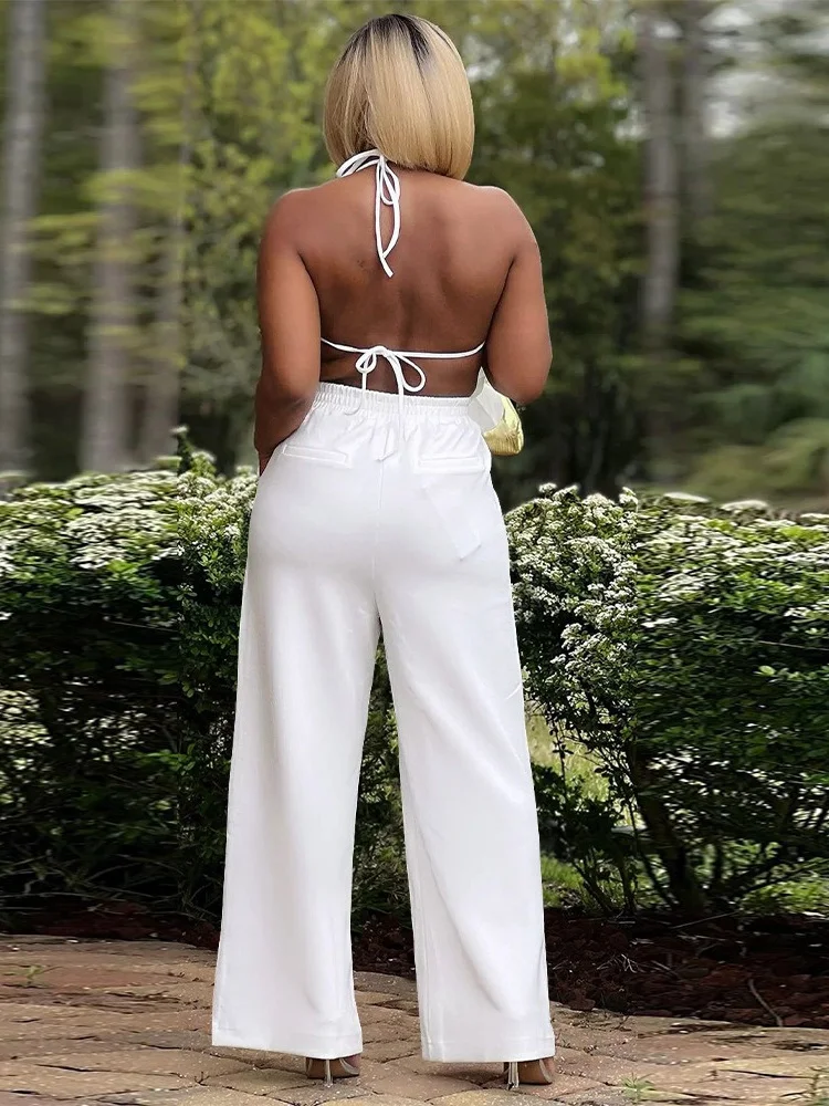 Wmstar Two Piece Set Women's Sexy Backless Lace Up Long Top Wide Leg Pants Fashion Set Summer Wholesale Dropshipping 2024