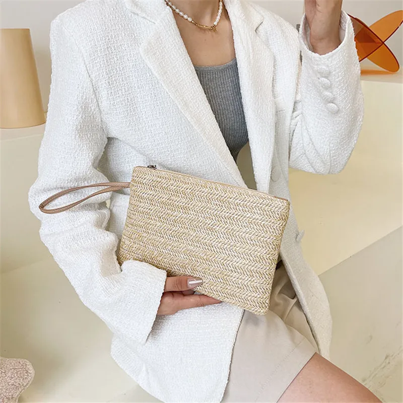 Natural Straw Woven Clutch Bag for Women Purse Wallet with Zipper Closure, Perfect for Parties, Festivals, Gift, Everyday Use