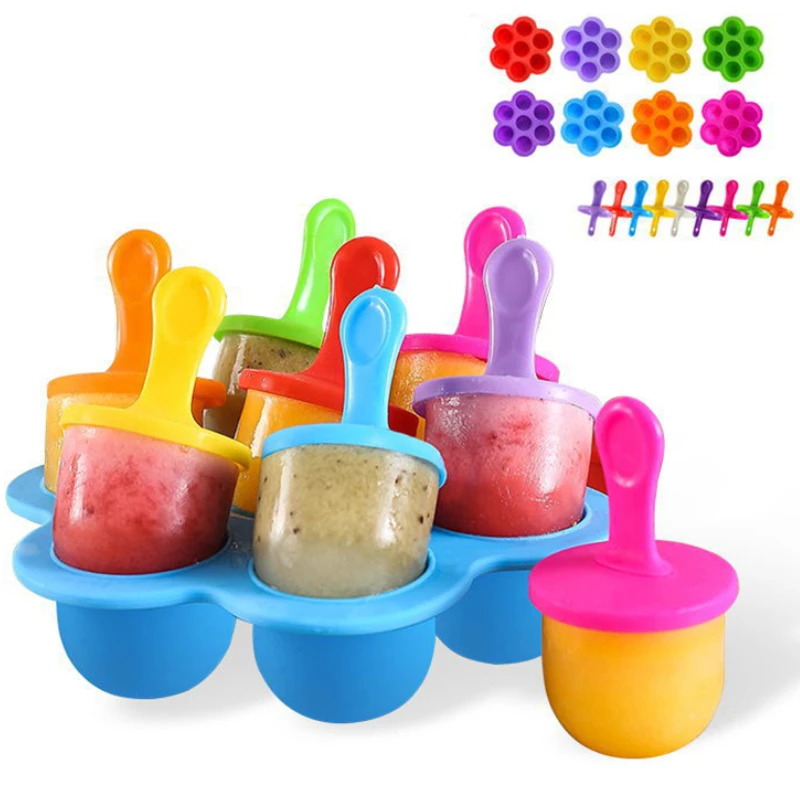 7 Holes Ice Cream Ice Pops Mold Food Grade Silicone Popsicle Mould Maker Baby Food Supplement Tools Fruit Shake Accessories