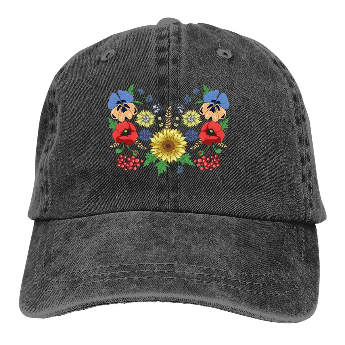 

Ukrainian Vyshyvanka Ornament Multicolor Hat Peaked Women's Cap Sunflower Poppies Personalized Visor Protection Hats
