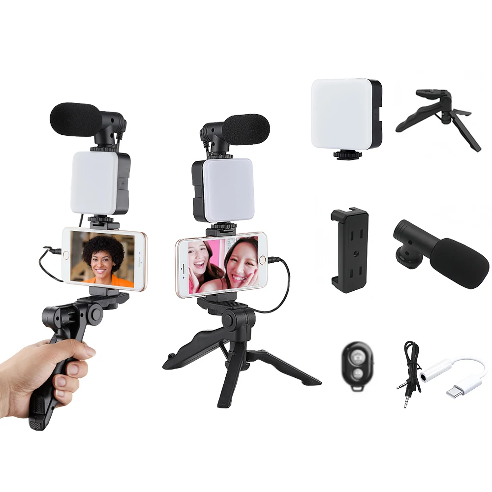 Smartphone Vlogging Kit Tripod Phone Holder Mini Microphone Fill Light Starter Portable Stabilizer Bracket Live Stream photography lighting kit smartphone video rig