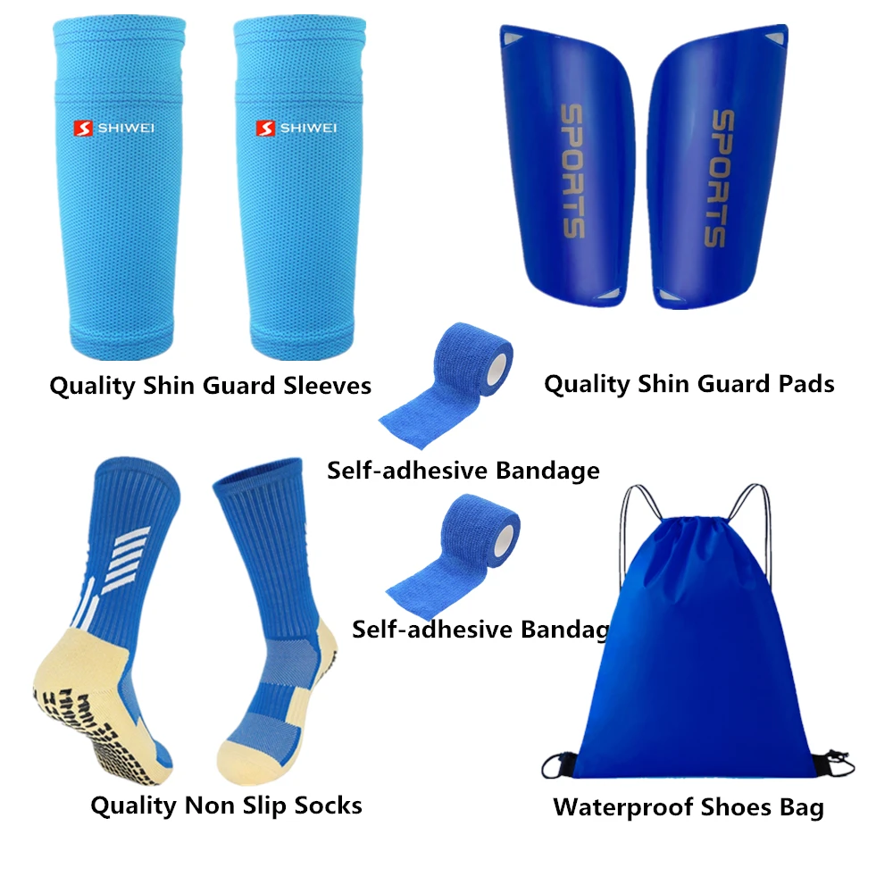 6PCS Set Football Equipment Adults Kids Soccer Shin Guards Pads Shin Guard Sleeves Non Slip Soccer Sock Shoes Bag Bandage 2
