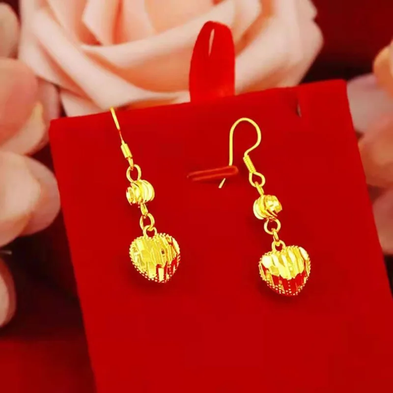 24K Original Gold Color Love Heart Pendant Earring for Women Bride