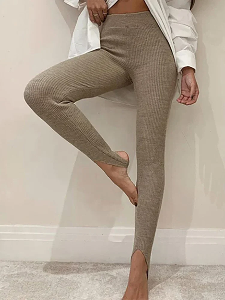 Women Ribbed Knit Leggings Fashion Beige High Waist Cotton Fitness Basic Pants Female Casual All-Match Stretch Skinny Leggings
