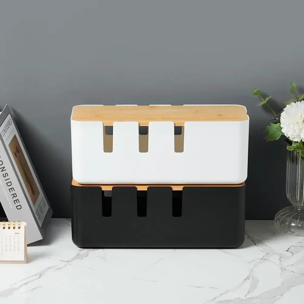 Desktop Cable Storage Box Seven-hole Bamboo Wood Power Line Wire Management Organizer Charger Socket Network Line Storage Bin 3
