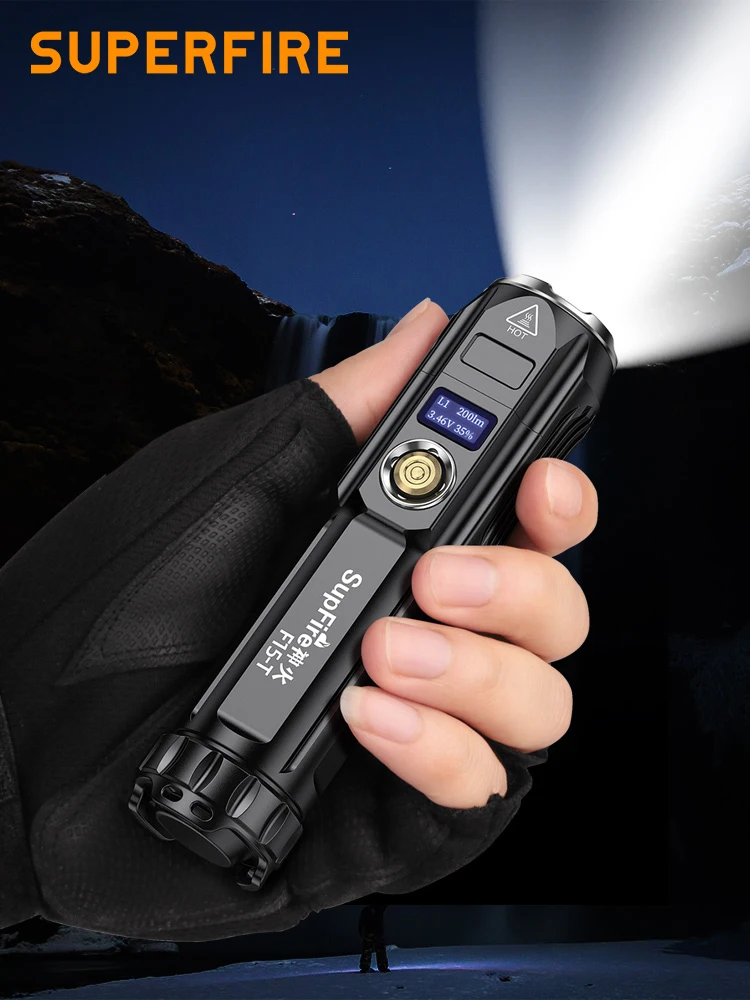 SUPERFIRE F15/T 36W Mini LED Flashlight with Status Display/Power Bank Function, USB-C Rechargeable Torch 26650 Camping Lantern