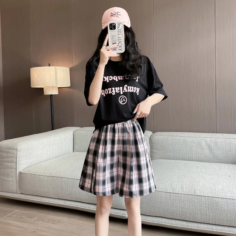 Women Plaid Shorts,Casual Elastic Waist Wide Leg Half Shorts,Loose Female Bottom Shorts for Summer,2025 Basic Style For Girls